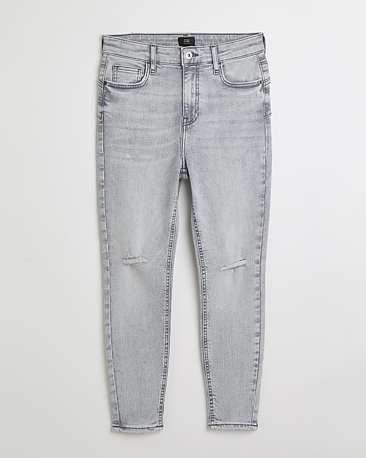Petite grey high waist ripped skinny jeans