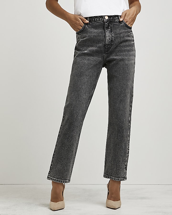 Petite grey high waisted straight jeans