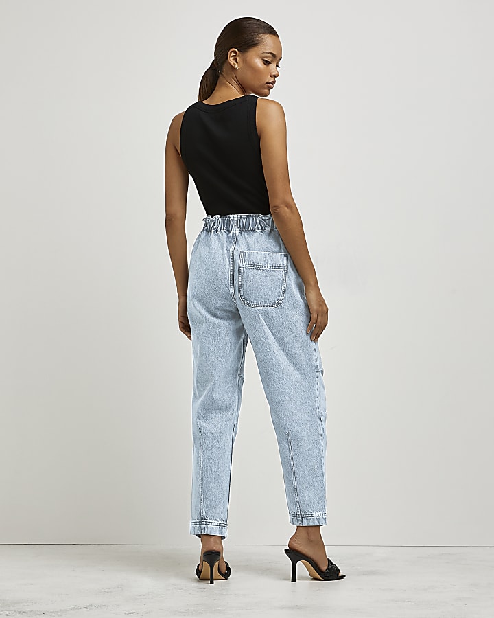 Petite grey high waisted tapered jeans