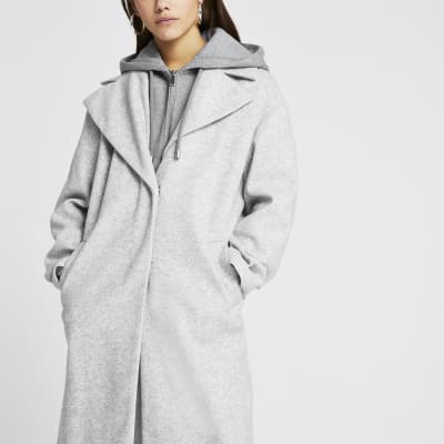 Petite grey hooded long line coat