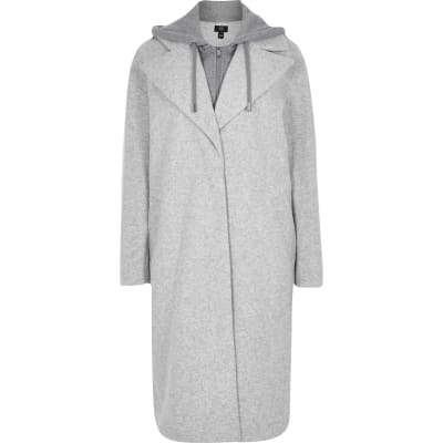 Petite grey hooded long line coat