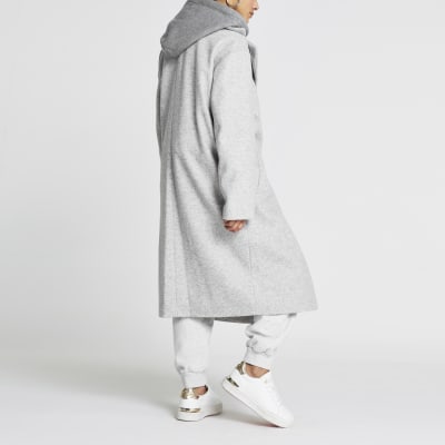 Petite grey hooded long line coat