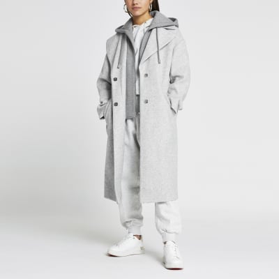 Petite grey hooded long line coat
