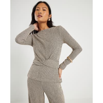 Petite Grey Long Sleeve Twist Front Top