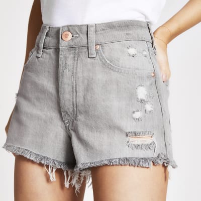 grey ripped denim shorts