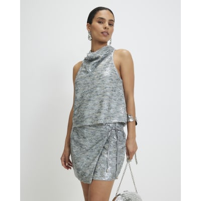 Petite Grey Sequin Cowl Halter Neck Top