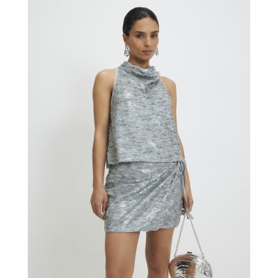 Petite Grey Sequin Wrap Mini Skirt