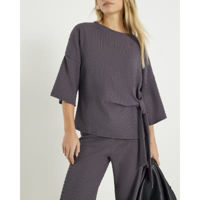 Petite Grey Short Sleeve Textured Tie T-shirt