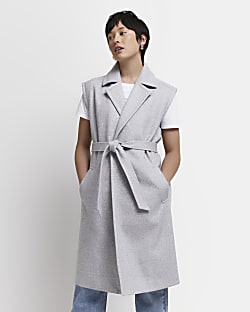 Petite grey sleeveless longline trench coat