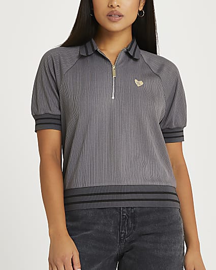 Petite grey stripe polo shirt