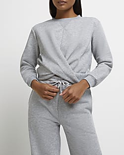 Petite grey wrap front cropped sweatshirt