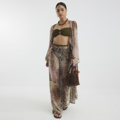 Petite Khaki Animal Print Wide Beach Trousers