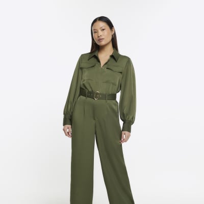 Petite khaki belted wide leg jumpsuit River Island