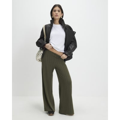Petite Khaki Cosy Wide Ribbed Trousers