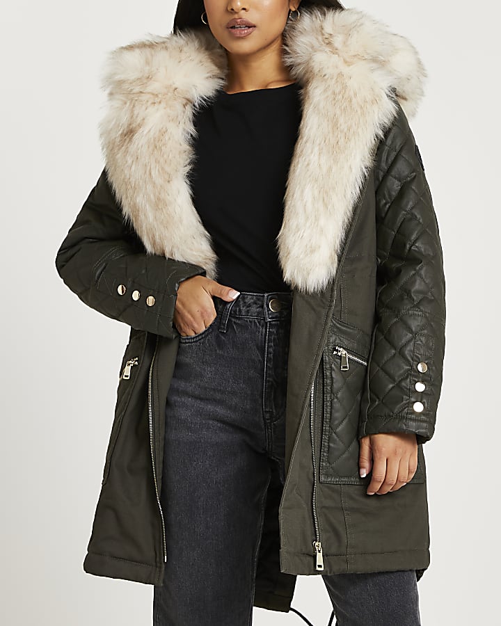 Petite Khaki Faux Fur Lined Parka Coat, Ladies Parka Coats Fur Lined