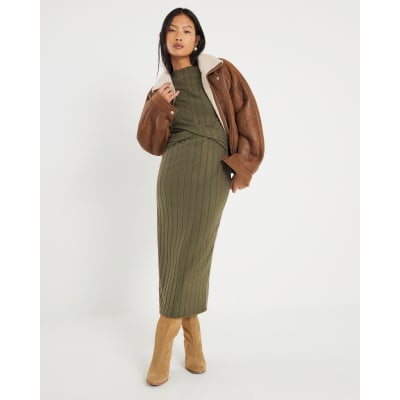 Petite Khaki Long Sleeve Cosy Midi Dress
