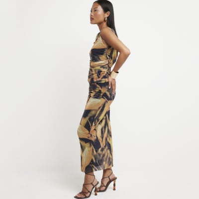 Petite khaki mesh floral midi skirt River Island