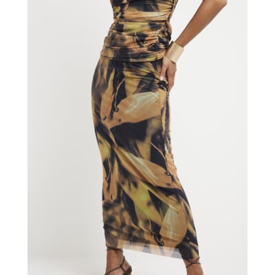 Petite khaki mesh floral midi skirt River Island