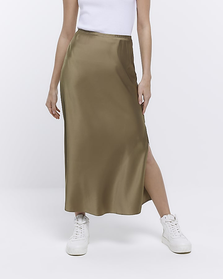 Petite khaki satin maxi skirt