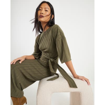 Petite Khaki Short Sleeve Ribbed Cosy Dress