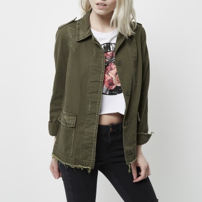 Petite khaki studded distressed army jacket