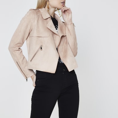Petite light pink faux suede biker jacket
