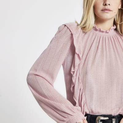 Petite light pink frill front pointelle top | River Island