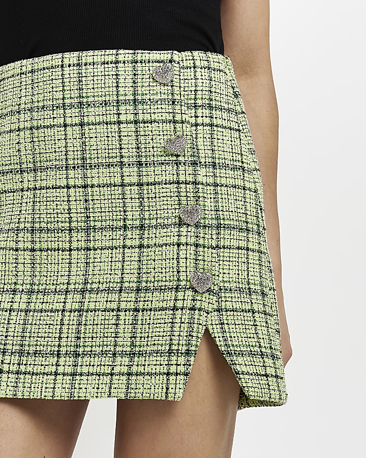 Petite lime green boucle check mini skirt