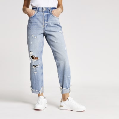 petite mid blue mom jeans