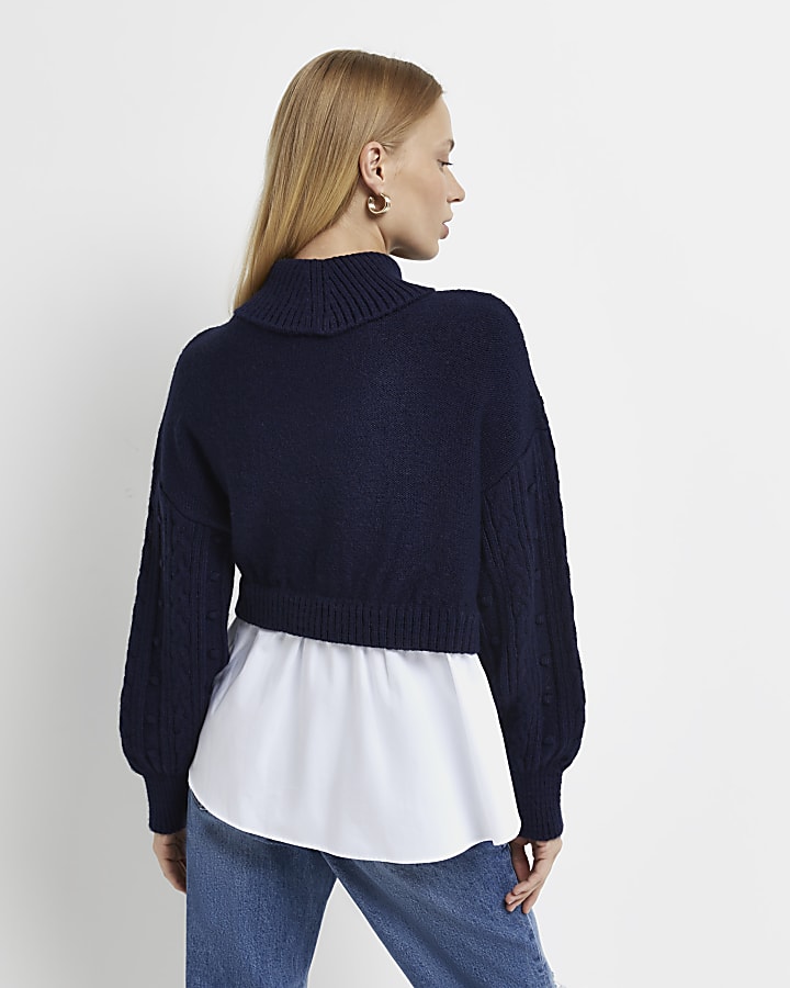 Petite navy chunky cable knit shirt jumper