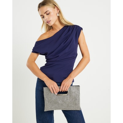 Petite Navy Off Shoulder Drape Top