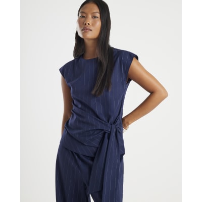 Petite Navy Pinstripe Tie Waist Top
