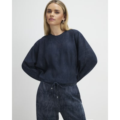 Petite Navy Premium Crinkle Batwing Top