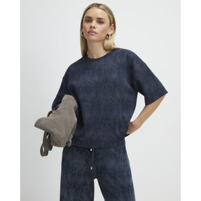 Petite Navy Premium Crinkle Boxy T-Shirt