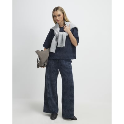 Petite Navy Premium Crinkle Wide Leg Joggers