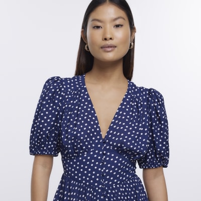 Petite Navy Spot Tea Midi Dress | River Island