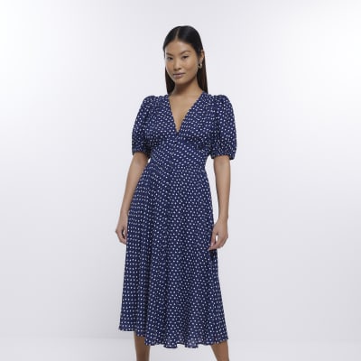 Petite Navy Spot Tea Midi Dress | River Island