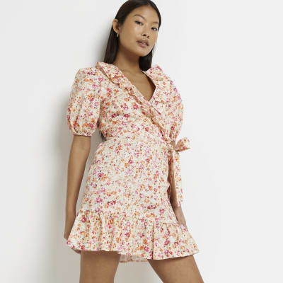 orange floral wrap dress