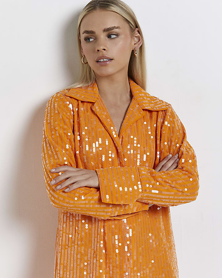 Petite orange sequin midi shirt dress