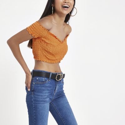 Petite orange shirred cross wrap crop top