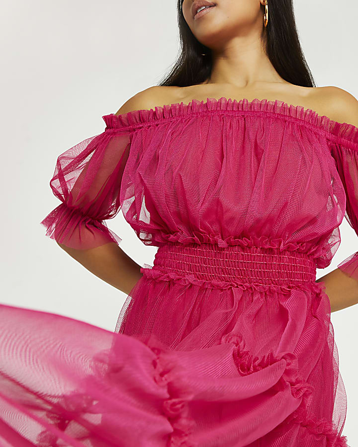 Petite pink bardot tiered midi dress
