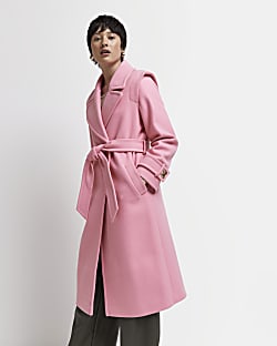 Petite pink belted trench coat