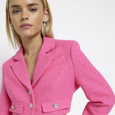 Petite pink boucle crop blazer River Island