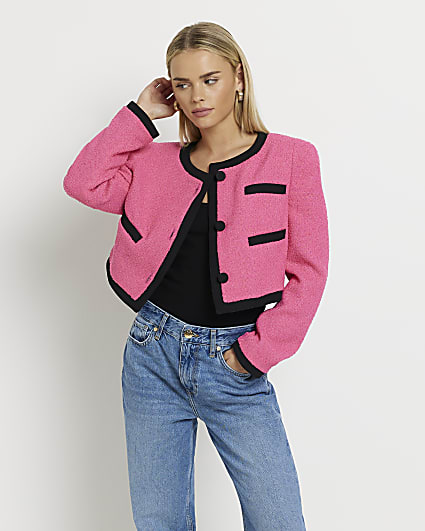 Petite pink boucle crop jacket