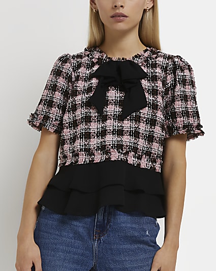 Petite pink check boucle bow detail top