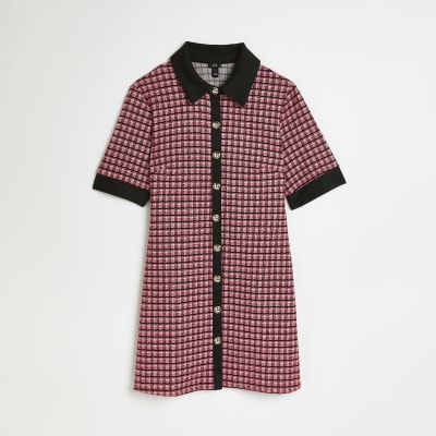 Petite pink check boucle mini shirt dress