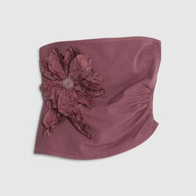 Petite Pink Denim Flower Bandeau Top