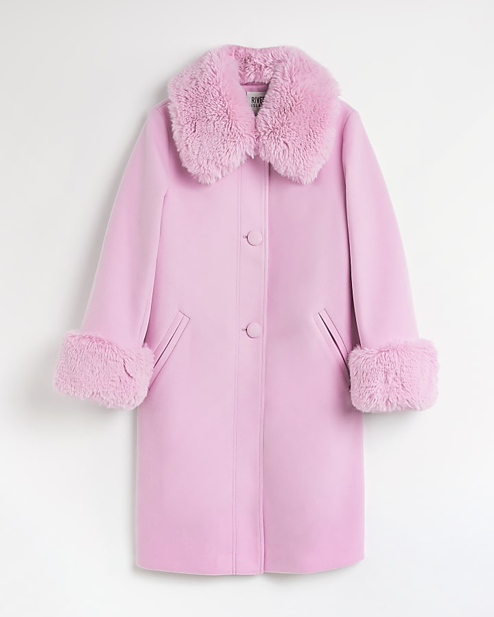 Petite pink faux fur longline coat