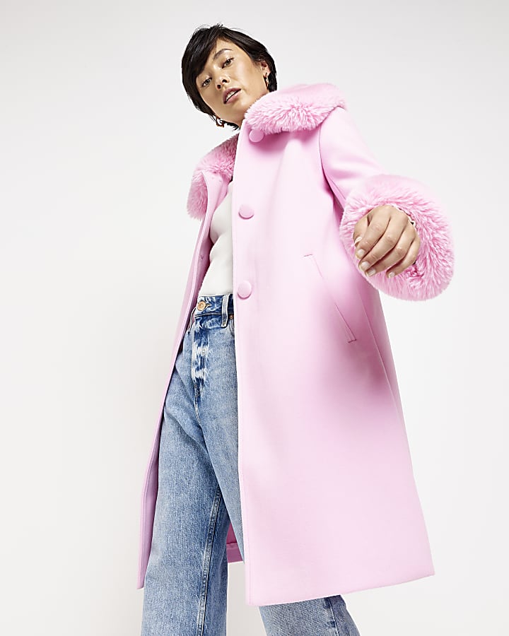 Petite pink faux fur longline coat