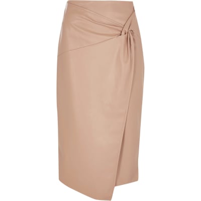 pink faux leather midi skirt